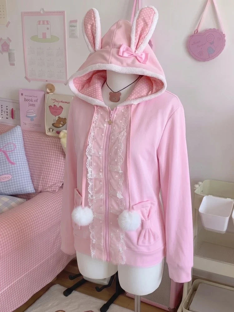 Japanese Cute Coat Embroidery Rabbit Ear Hooded Subculture Kawaii Y2k Tops Casual Fashion Sweet Coats Ropa Mujer Women Clothing