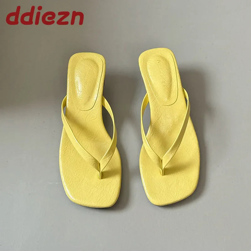 Fashion Square Toe Women 4CM Heels Slippers Slides Sandals Summer Casual Female Flip flops Ladies Thin Heel Slippers Shoes Pumps