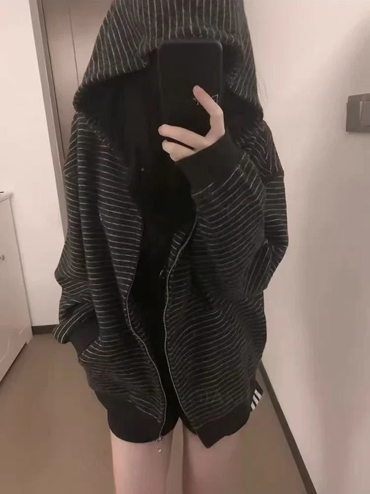 2000S American Vintage Striped Loose Long Sleeve Hooded Sweatshirt Y2k Subculture Casual Zip Up Hooded Cardigan Harajuku Coats