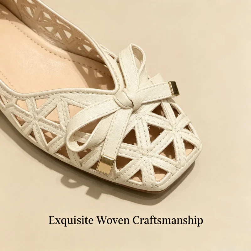 New French Style Bow Flat Sandals Women Geometric Cut-Out Peep-Toe Breathable Summer Beige Shoes for Dresses, Office and Casual