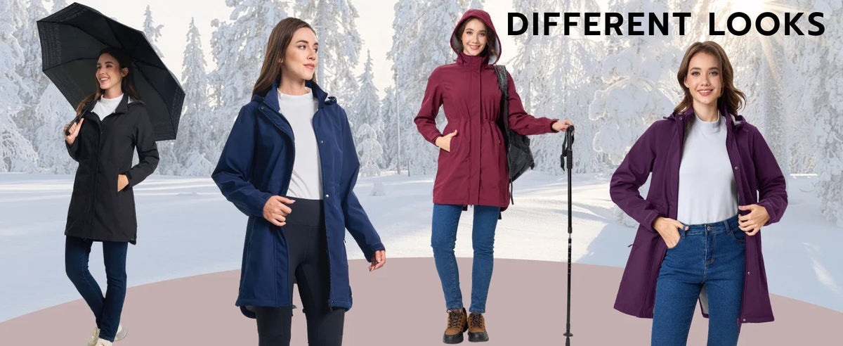 TACVASEN Women's Long Hooded Jacket Fleece Lined Softshell Jacket Waterproof Windproof Hiking Jacket Rain Coat Windbreaker Parka