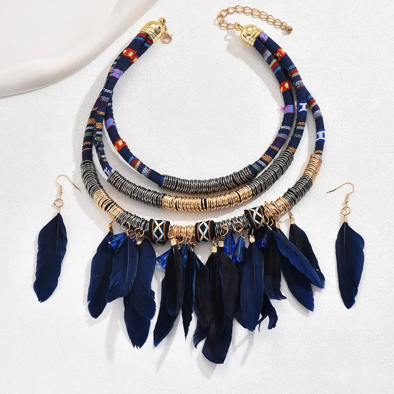 Fashion Vintage Ethnic Feather Choker Necklace Earrings Set For Women Multilayer Nekclace Earrings Jewelry Sets