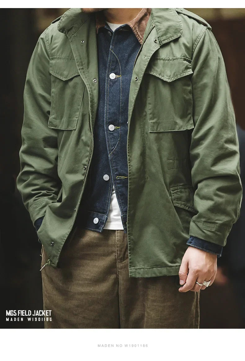 Maden Retro M65 Jackets for Men Green Outdoor Windbreaker Vintage Casual Solid Coat Mens Clothes Multi-Pocket Jacket