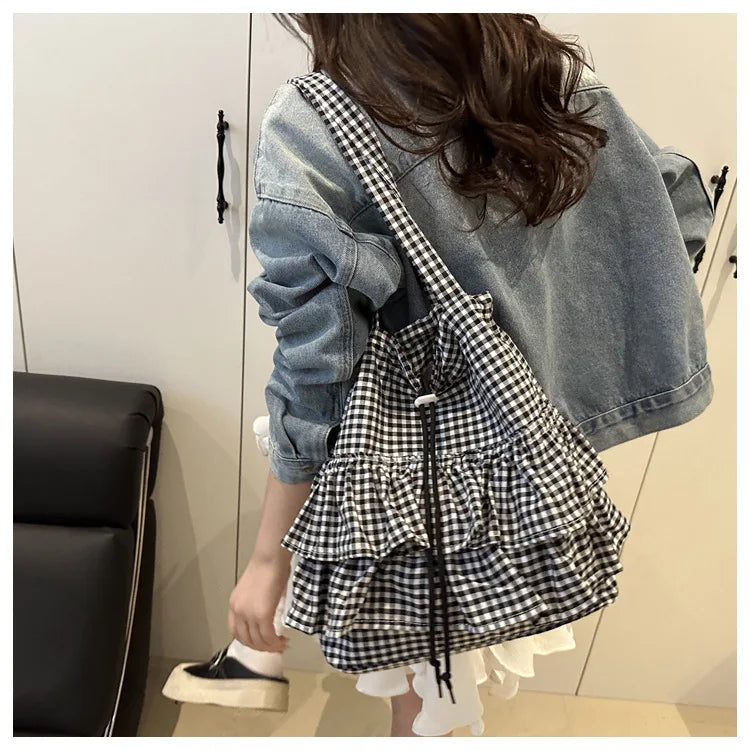 Large Capaci Cute Plaid Cotton Tote Bag  Lace Trim Women's Summer 2025 Simple Lady Handbag Soft Shoulder Bags Bolsa Feminina