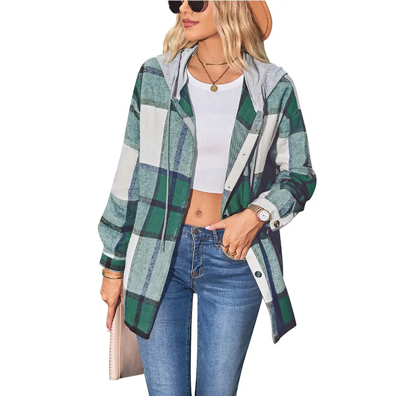 Women Hooded Plaid Wool Coat Blouse Top Spring Summer Fashion Outerwear