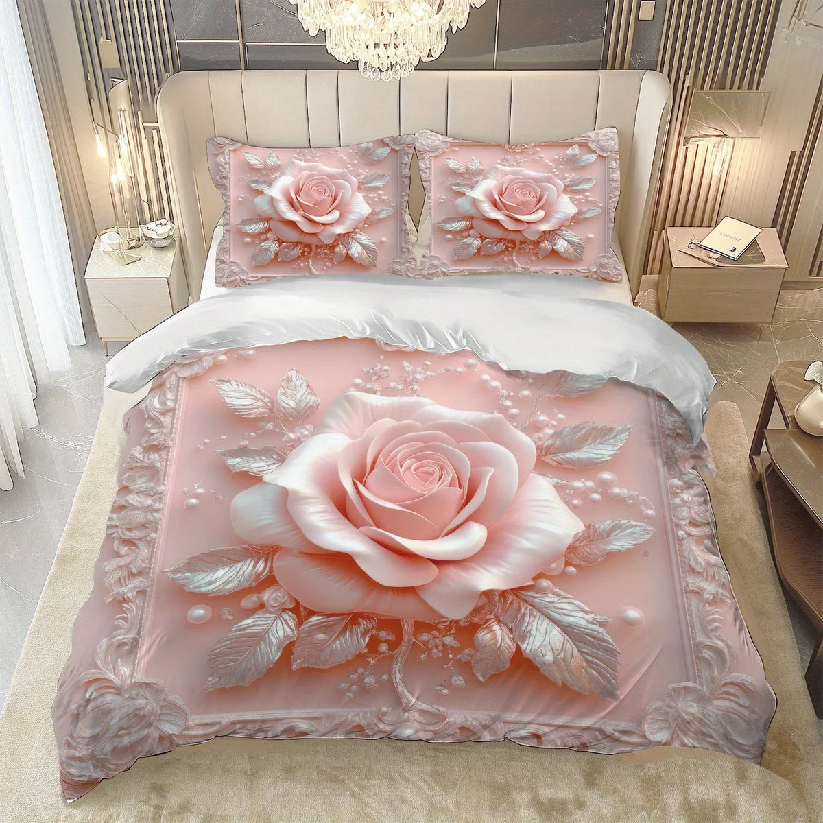 Latacaca 2/3Pcs Pink Rose Duvet Cover Set, Soft Comfortable Floral Bedding with Pillowcases, Machine Washable Queen King Size