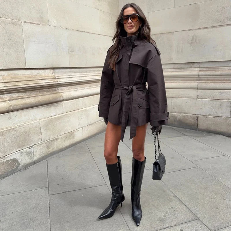 Solid Women's Trench Jacket Commute Stand Collar Long Sleeve Windbreaker With Lace Up Pocket 2026 New Autumn Street Lady Jackets