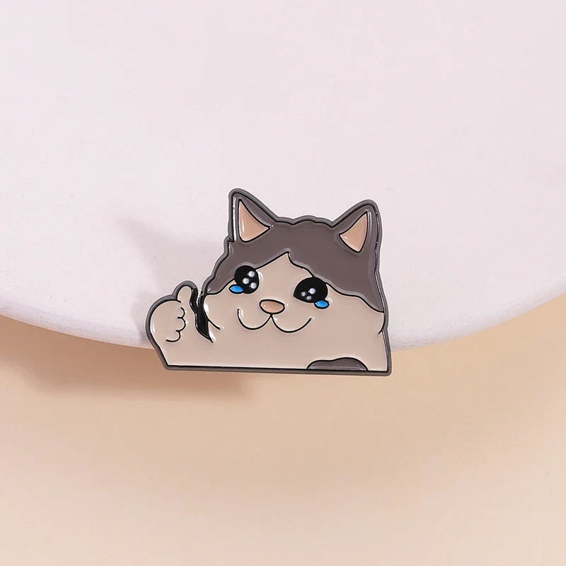 Thumb Up Crying Cat Enamel Pin Kawaii Humorous Animal Brooch Lapel Backpack Badge Funny Jewelry Gifts For Cat Lovers Friends
