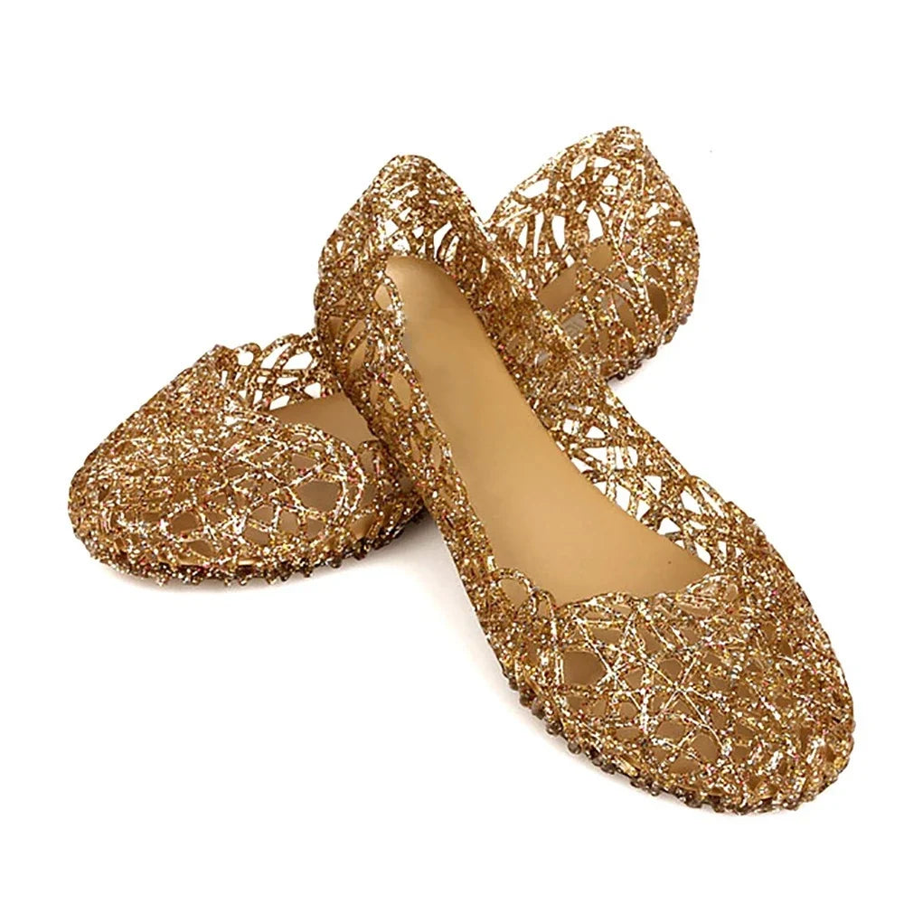 Comfortable Flat-soled Women Sandals Clear Shallow Mouth Beach Jelly Shoes Breathable Hollow Out Bling Sandals Footwear