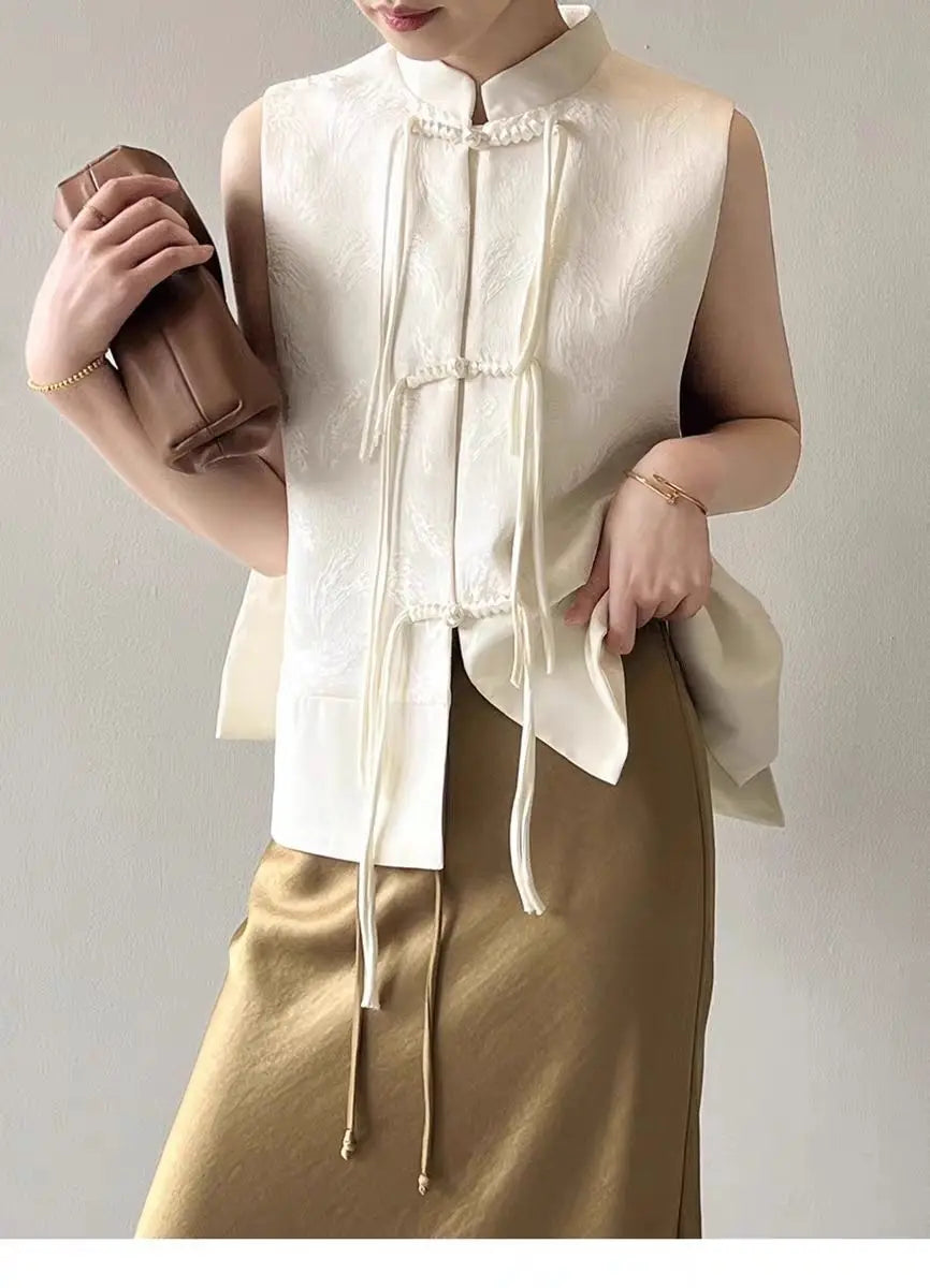 2026 spring new chinese new style plate buckle waistcoat jacket jacquard stand collar sleeveless retro women cheongsam waistcoat