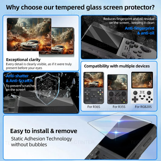 Screen Protector+Portable Carrying Case for R36S Handheld Console Storage Bag & Anti-Scratch Tempered Glass for R36S Accessories