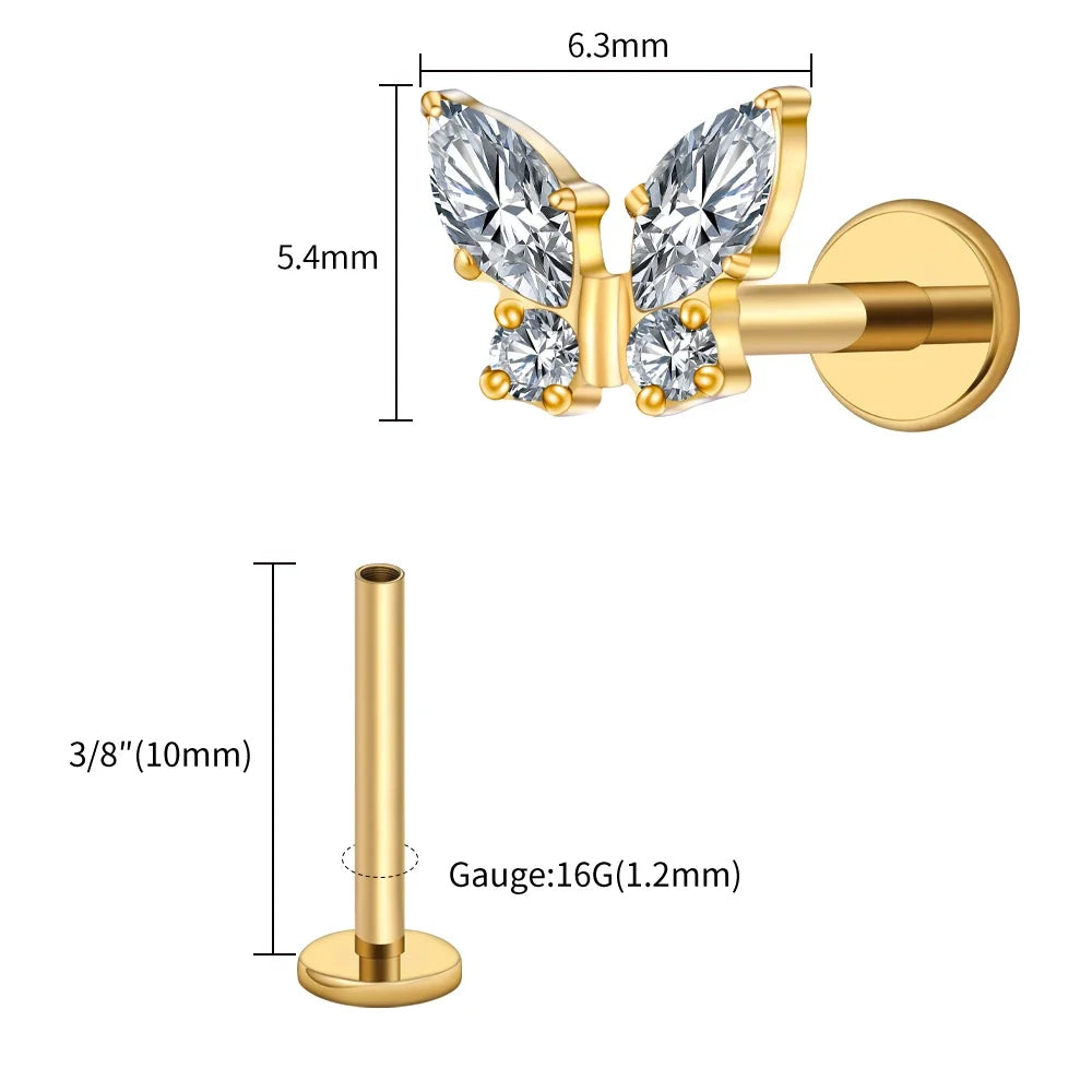 Right Grand ASTM F136 Titanium 16G Mini Butterfly CZ Labret Tragus Cartilage Conch Forward Helix Stud Nose Piercing Body Jewelry