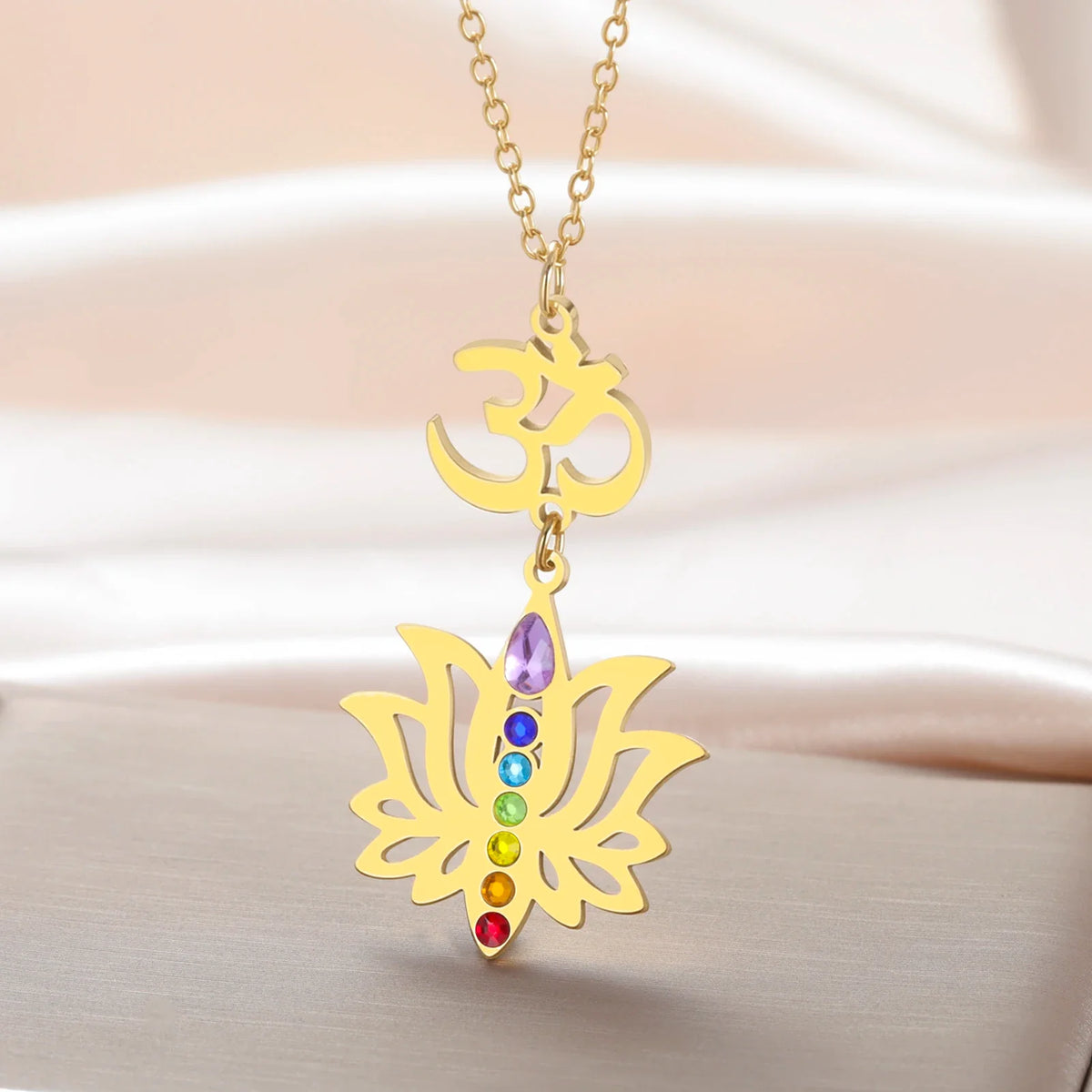 Gold Plated 7 Chakra Lotus Flower Necklace with Om Symbol Spiritual Yoga Jewelry Seven Colorful Zircon Lotus Flower Necklace