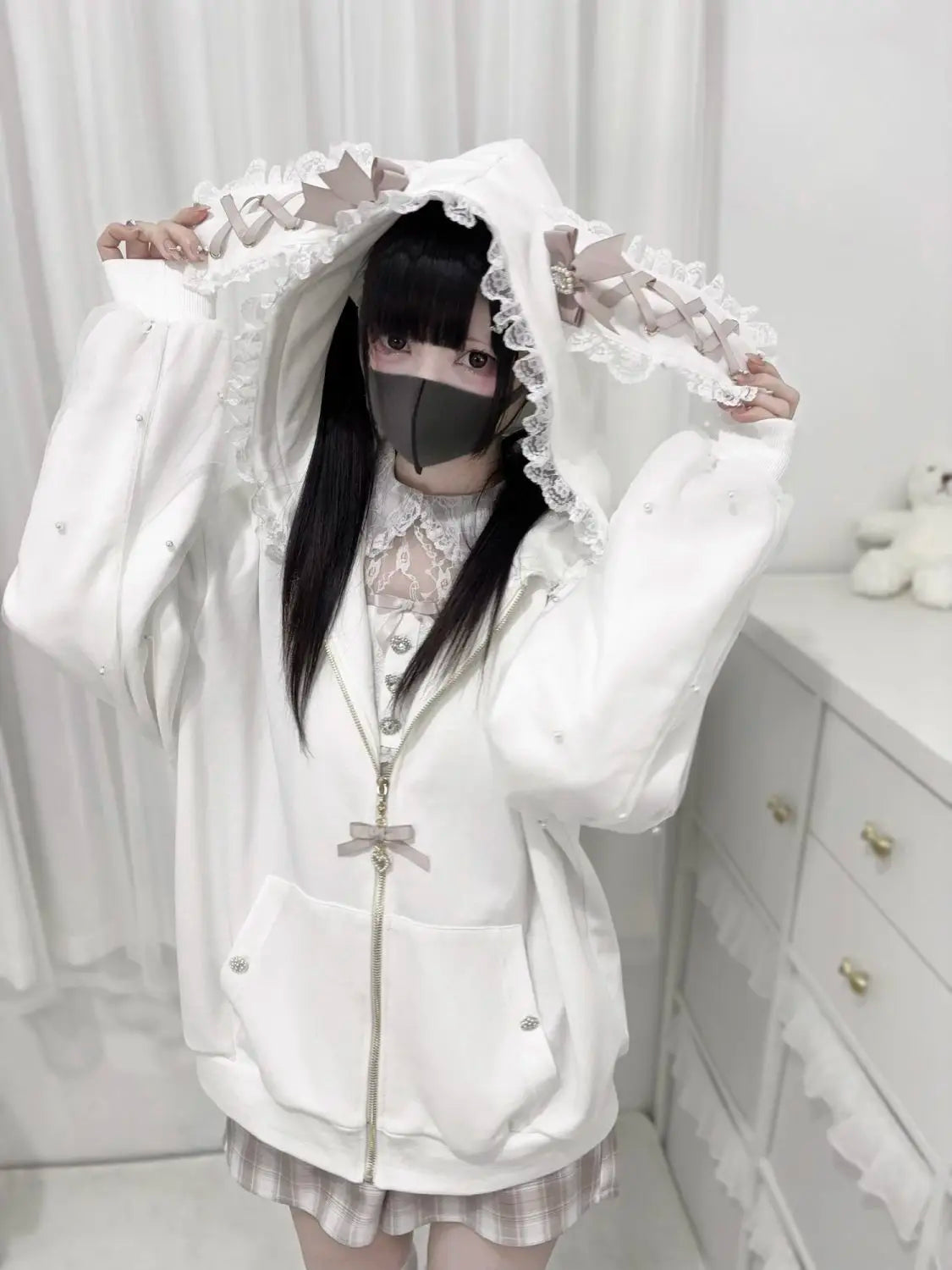 Subculture Japanese Retro Long Sleeve Hoodie Cat Ears Lace Decoration Women Casual Sweatshirt Gothic Y2K Harajuku Autumn Coat