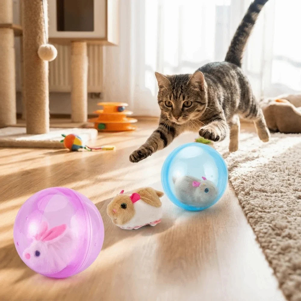 Transparent Cat Chasing Ball Built-in Plush Animal Plastic Interactive Cat Toy Realistic Rabbit Hamster Chasing Ball