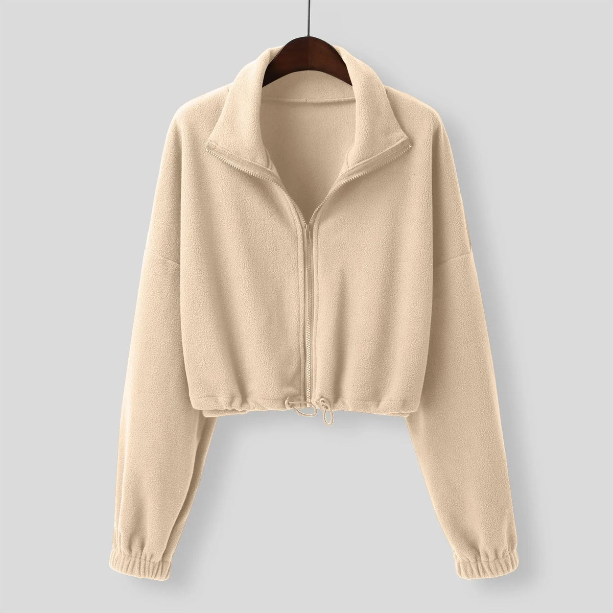 Women Autumn Stand Collar Fleece Jacket Zip Up Cropped Coat Solid Sweatshirt Top Drawstring Fashion Casual Outerwear Sportswear