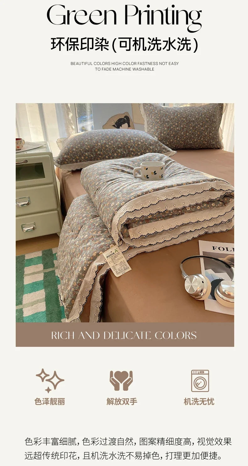Summer Quilt Korean Style Duvet with Lace Single/Queen Size Comforter Flower Printed Quilted Blanket 여름이불 (No Pillowcase)