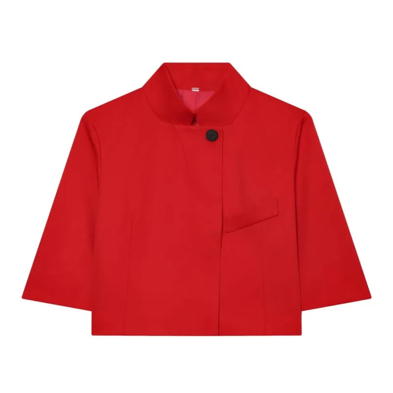 Women's Cropped Short Blazer New 2026 Spring Summer High-Neck Short Sleeve Button Simple Solid Women Coat Female Chic Tops