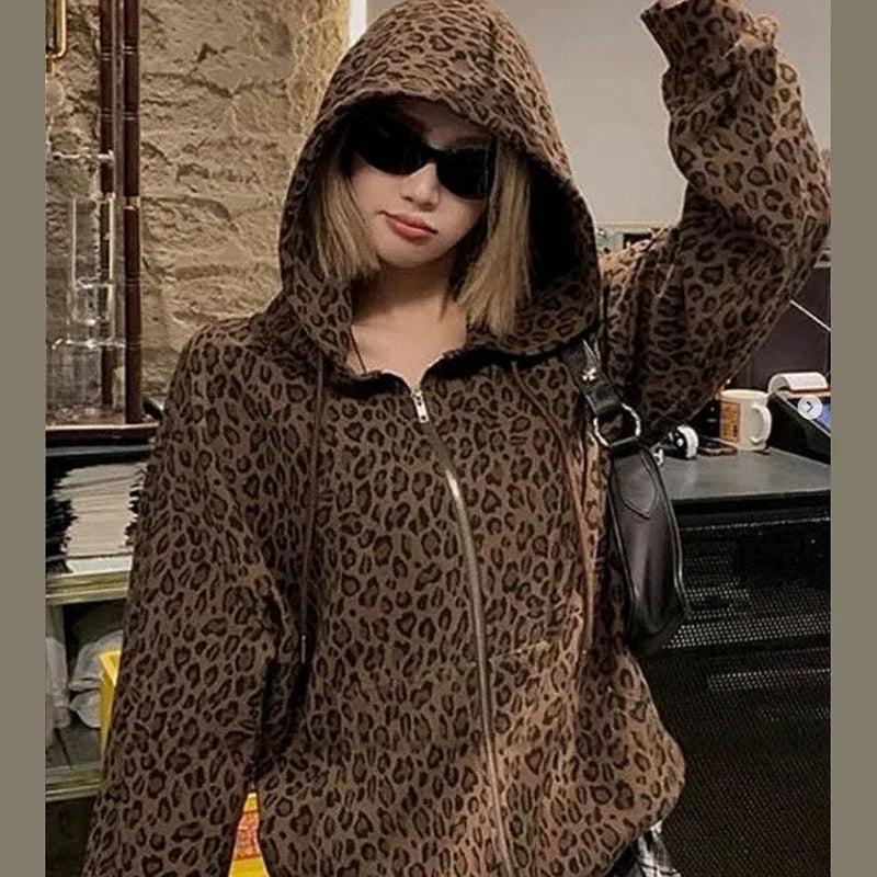 Y2K Leopard Print Hooded Jacket Women Full Zip Drawstring Hood Long Sleeve Loose Fit Streetwear Street Club Ladies Outerwear