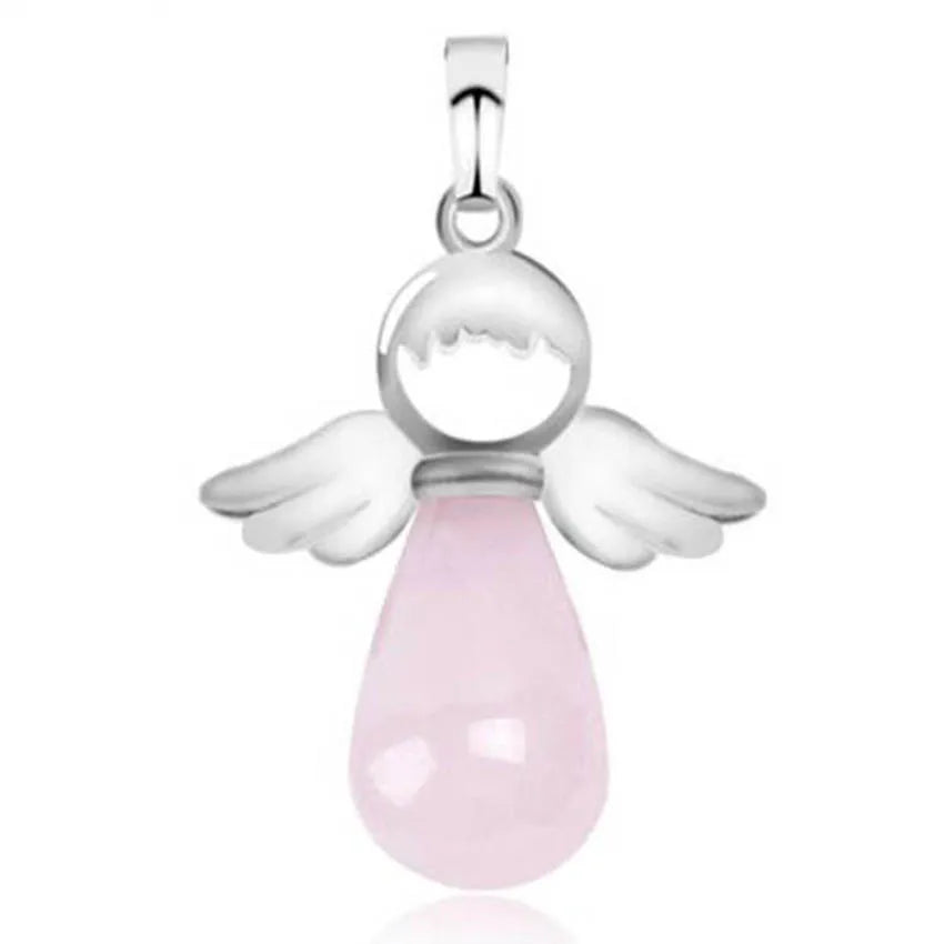 Angel Wing Crystal Stone Pendants For Women Necklace DIY Natural Amethyst Rose Quartz Water Drop Necklace Jewelry No Chain