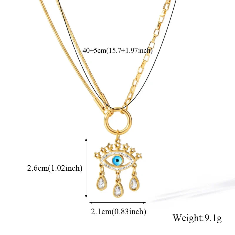 GANEMLY 316l Stainless Steel Luxury Bling Cubic Zirconia Eye Droplets Pendant Necklace Women Chic Romantic Waterproof Jewelry