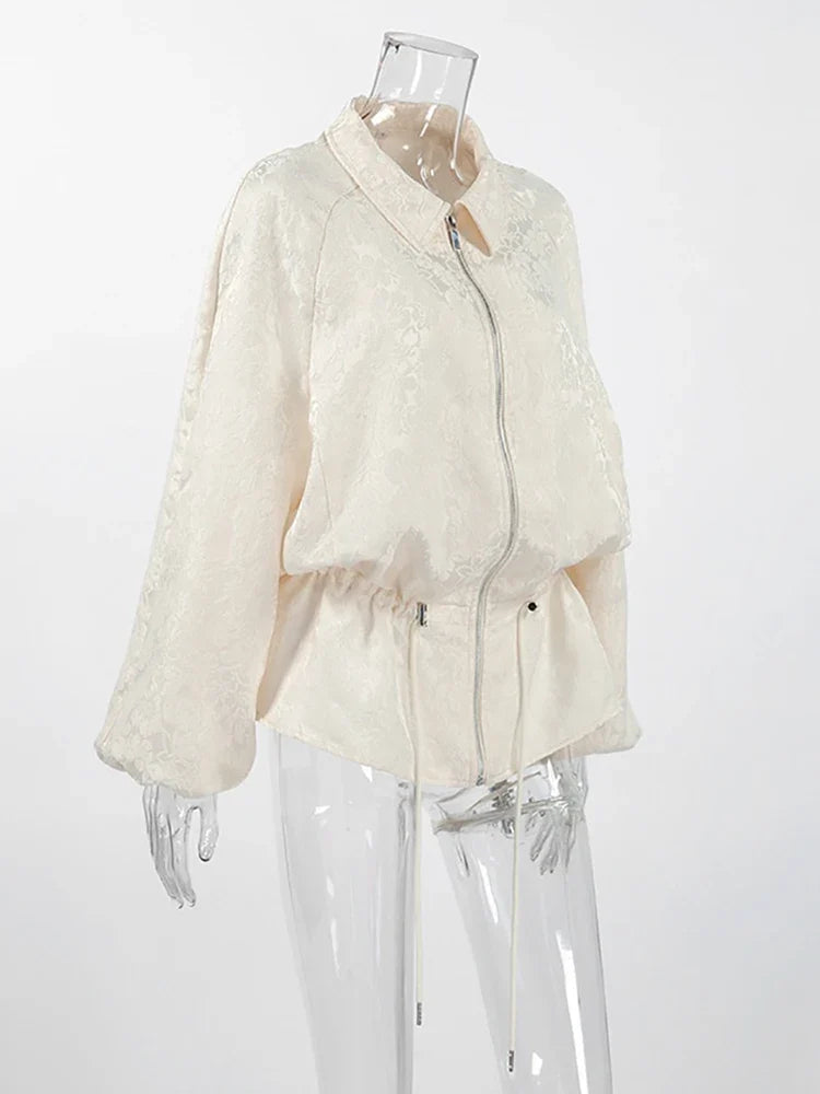 Luxury Apricot Texture Jacket Drawstring Waist Slim Puff Sleeves 2026 Women's Autumn Jackets Chic Commute Date Daily Outerwear