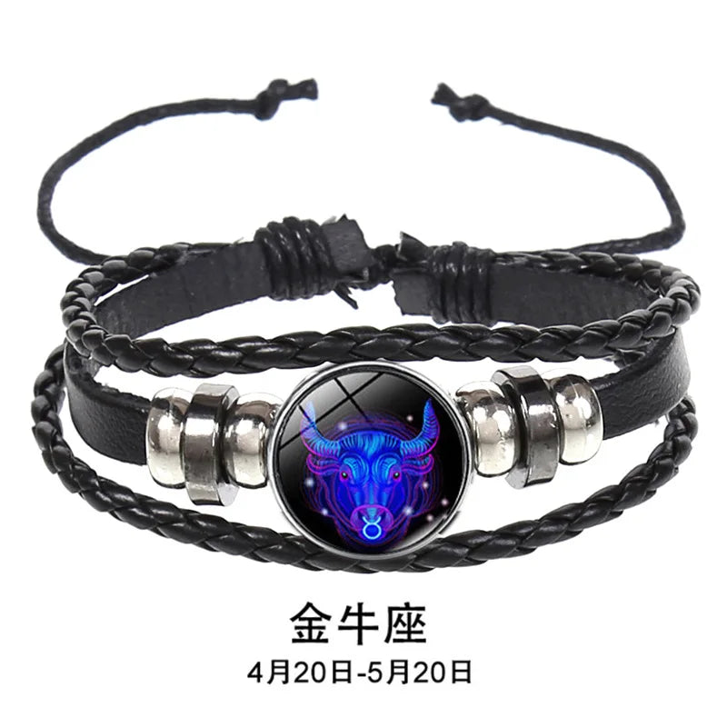 12 Constellation Zodiac Sign Charm Luminous Bracelets Men Women Vintage Multilayer Wrap Leather Chain Bangle Birthday Jewelry
