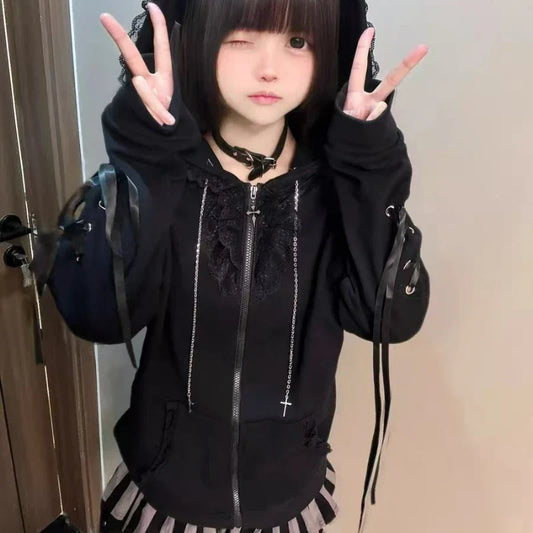 Japanese Kawaii Cat Ears Hooded Hoodies Women Y2k Aesthetic Grunge Casual Bandage Zipper Sweatshirt Fashion Trend Sportswear Top