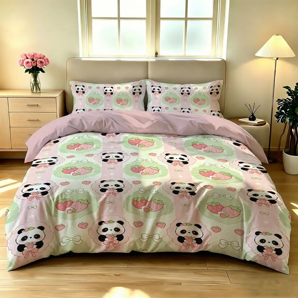 3pcs Cartoon Panda Print Coreless Duvet Cover Cool Summer Lightweight Bedding Set Multi Size Bedroom Bedding Decoration