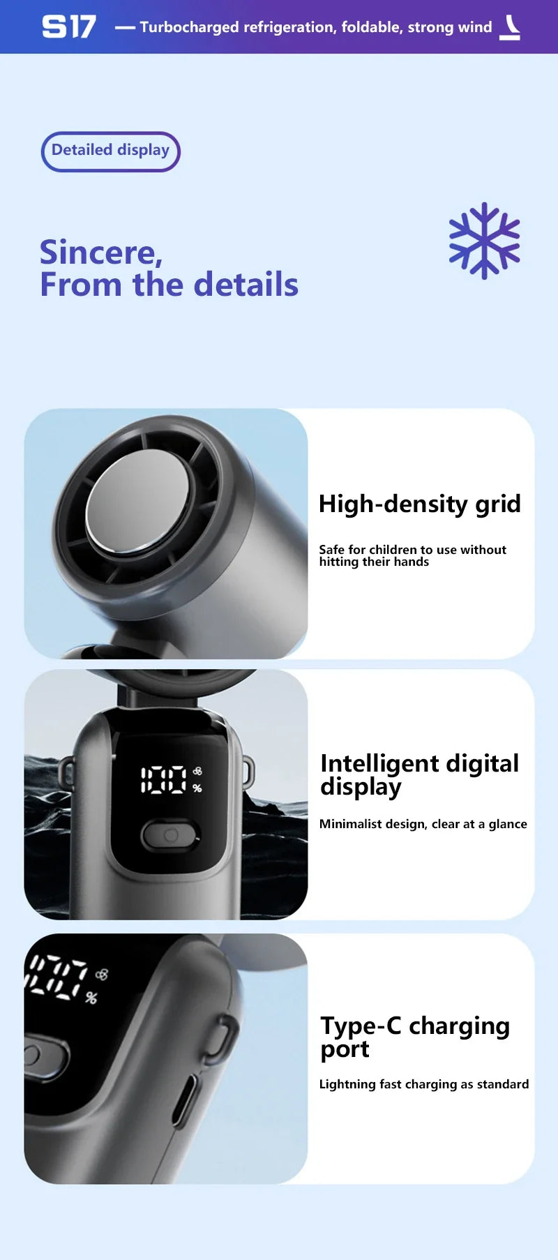 Lenovo Foldable/Hangable USB Desk Fan Ice Cooling Handheld Fan 100 Speeds Turbo Portable for Outdoor Fast Chill Ice Compress New
