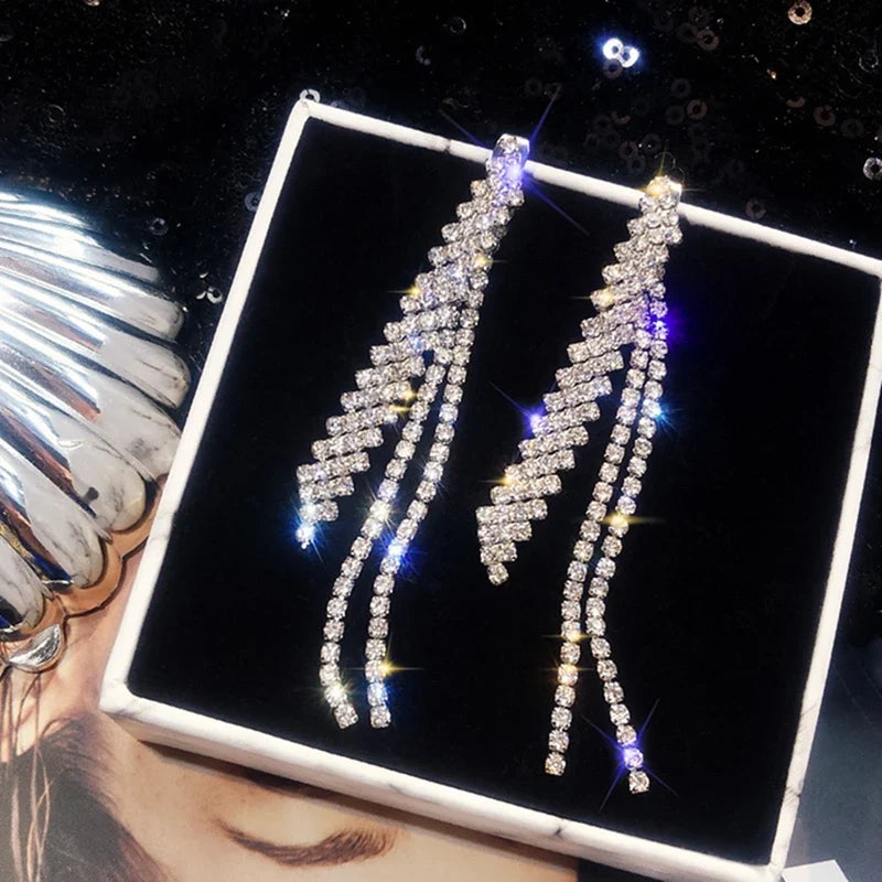 Shiny Crystal Zircon Long Stud Earrings for Women Geometric Hanging Drop Tassel Earring Fashion Party Vintage Pendant Jewelry