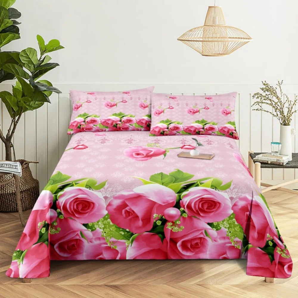Pink Rose Bed Sheet Sets 3D Print Flowers Bed Flat Sheet for Women Girls King Queen Full Twin Size 2/3pcs Bed Linen Room Decor