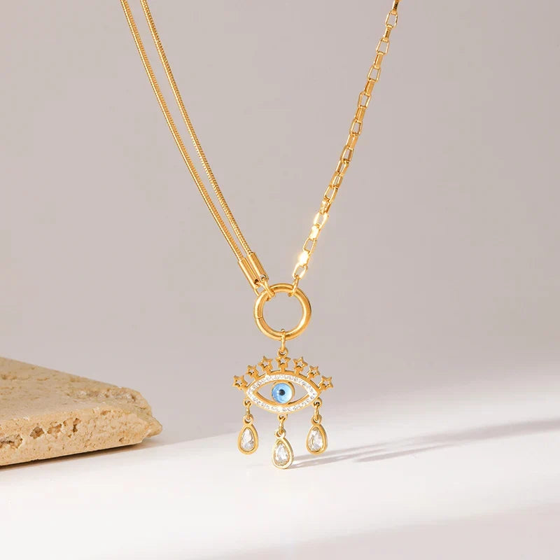 GANEMLY 316l Stainless Steel Luxury Bling Cubic Zirconia Eye Droplets Pendant Necklace Women Chic Romantic Waterproof Jewelry