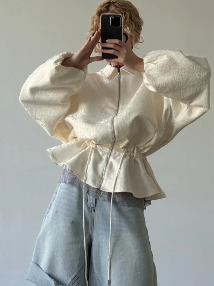 Luxury Apricot Texture Jacket Drawstring Waist Slim Puff Sleeves 2026 Women's Autumn Jackets Chic Commute Date Daily Outerwear