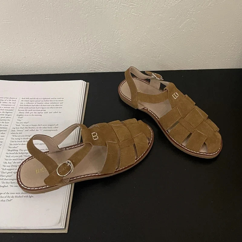 DIMANYU Women's Roman Sandals 2026 Summer New Flat Retro Real Leather Ladies Sandals Hollowed Women's Cage Shoes