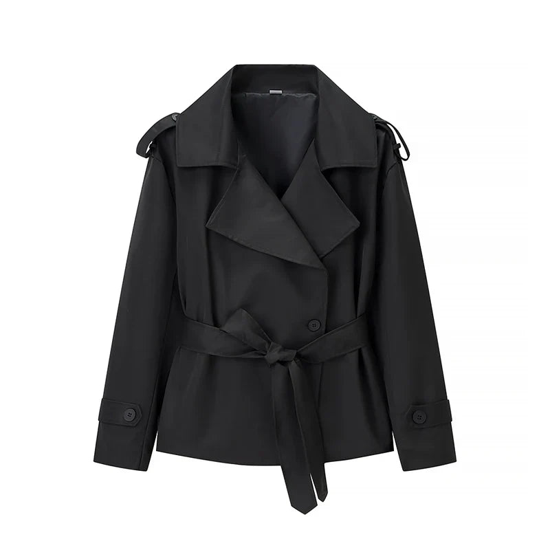 Fashion Women Lace Up Cropped Trench Coat 2026 Lapel Long Sleeves Wide Shoulder Windbreaker Jacket Lady Spring Commuting Outwear