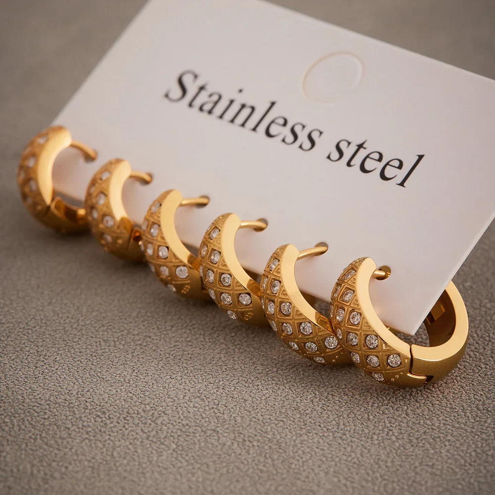 Liora Stainless Steel Zircon Women Hoop Earrings Metal Texture PVD Gold Plated Hypoallergenic Wedding Banquet Earrings Jewelry