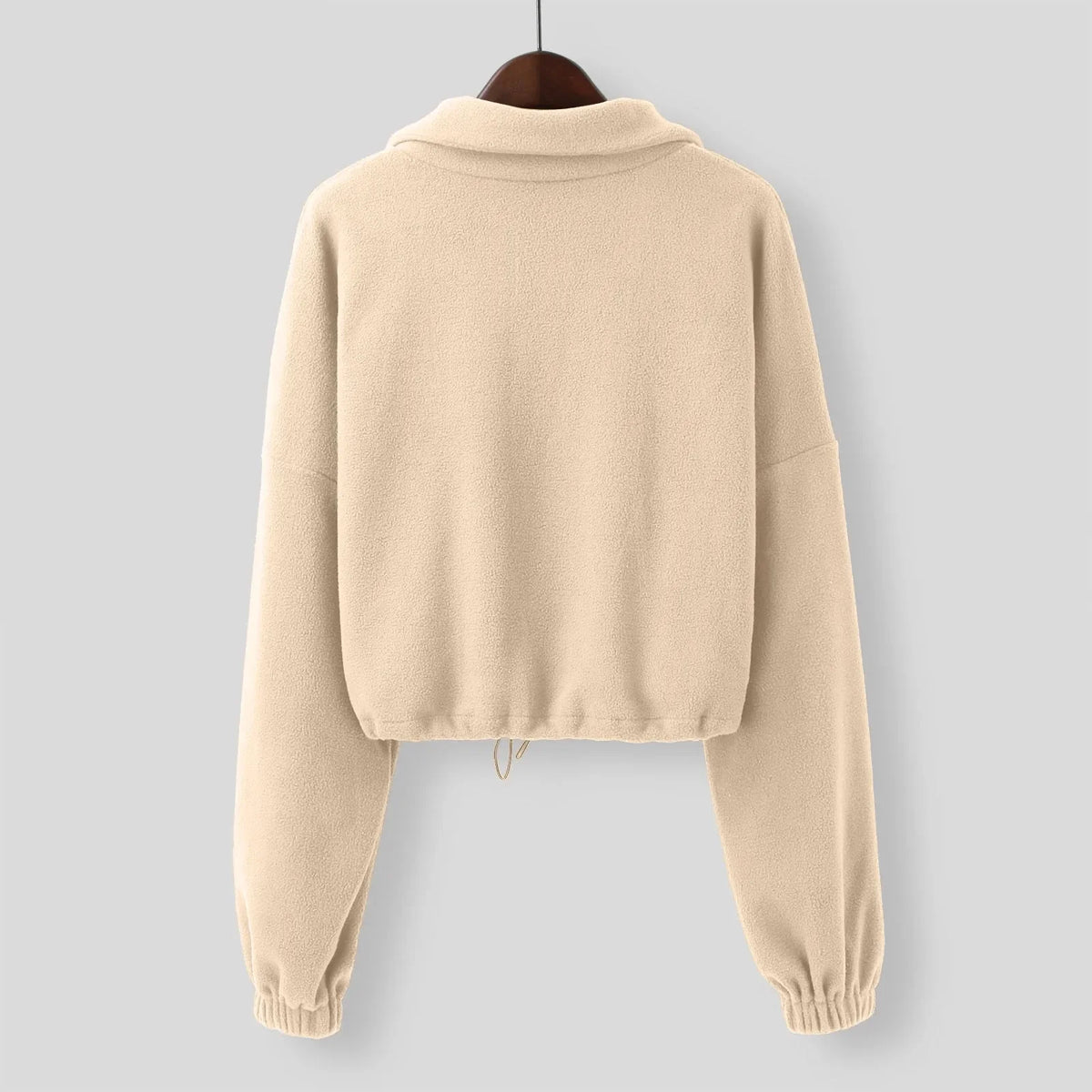 Women Autumn Stand Collar Fleece Jacket Zip Up Cropped Coat Solid Sweatshirt Top Drawstring Fashion Casual Outerwear Sportswear