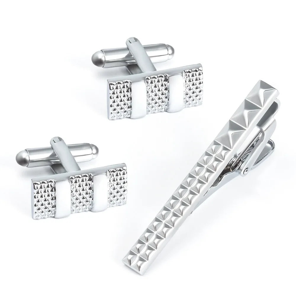 A Set New Stock High-End Electroplated Mesh Metal Tie Clip French Cufflinks Set for Men Premium Quality Stylish Grid