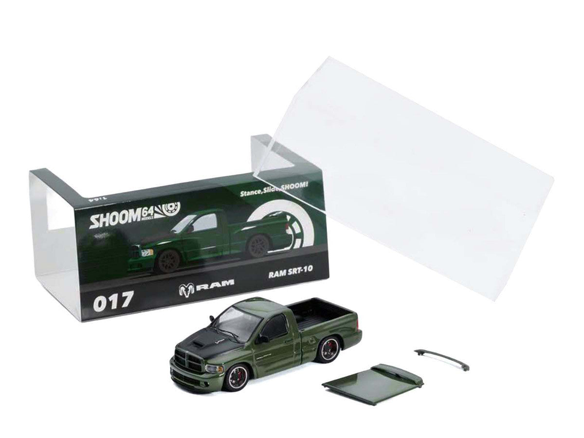 2003 Dodge Ram SRT-10 Pickup Truck Green Metallic with Matt Black Hood 1/64 Diecast Model Car by Shoom64 Models