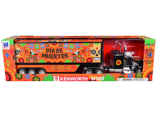 Kenworth W900 Truck Black with Graphics and Dry Van Trailer "Dia De Muertos" 1/32 Diecast Model by New Ray