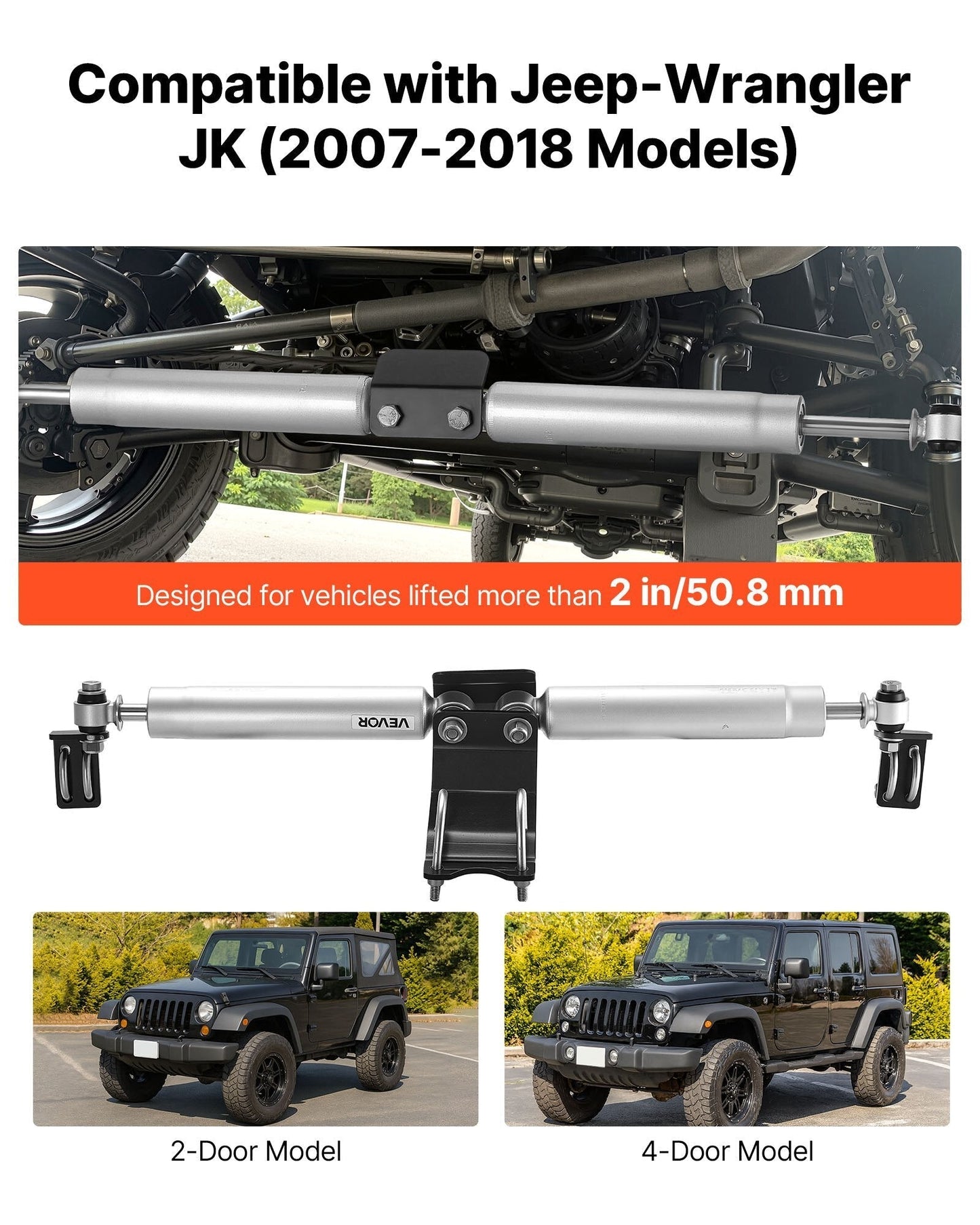 Dual Steering Stabilizer, for 2007-2018 Jeep Wrangler JK, Dual Steering Stabilizer Kit Fits with 2 Inches of Suspension Lift or Higher, Enhanced Control & Reduced Vibration, Easy Installation