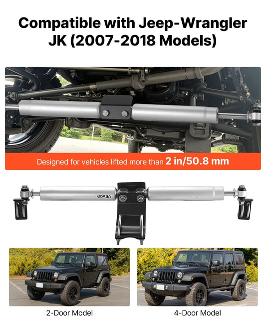 Dual Steering Stabilizer, for 2007-2018 Jeep Wrangler JK, Dual Steering Stabilizer Kit Fits with 2 Inches of Suspension Lift or Higher, Enhanced Control & Reduced Vibration, Easy Installation