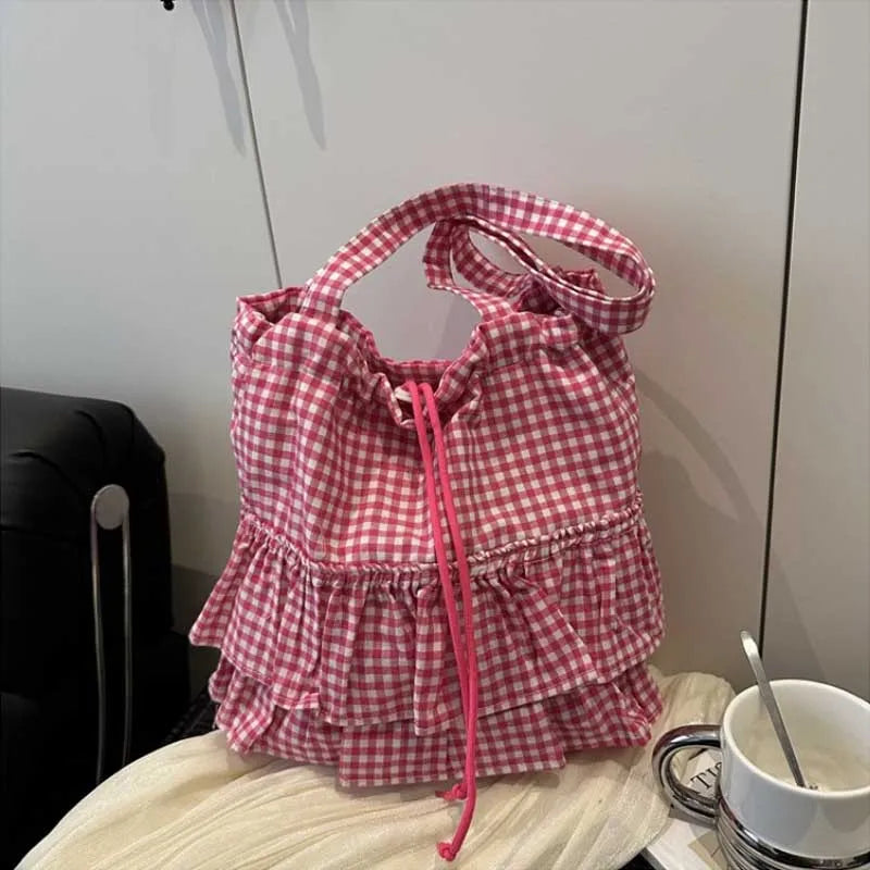 Large Capaci Cute Plaid Cotton Tote Bag  Lace Trim Women's Summer 2025 Simple Lady Handbag Soft Shoulder Bags Bolsa Feminina