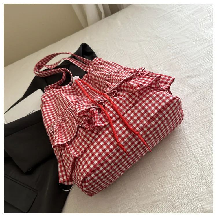 Large Capaci Cute Plaid Cotton Tote Bag  Lace Trim Women's Summer 2025 Simple Lady Handbag Soft Shoulder Bags Bolsa Feminina