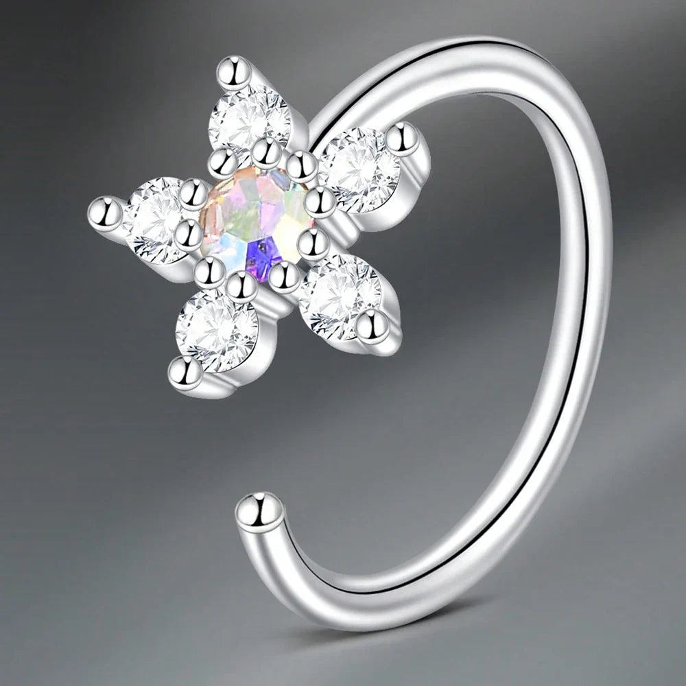 1pc Stainless Steel Nose Septum Clicker 20G 16G Flower Cubic Zirconia Decorated Piercing Nose Ring, Suitable For Daily Wear