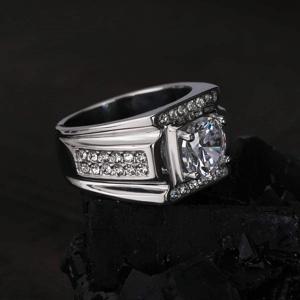 Keisha Lena AAAAA Zircon Men Ring Stainless Steel 18K Gold Plated Engagement Rings For Man Jewelry Waterproof Allergy-Resistant