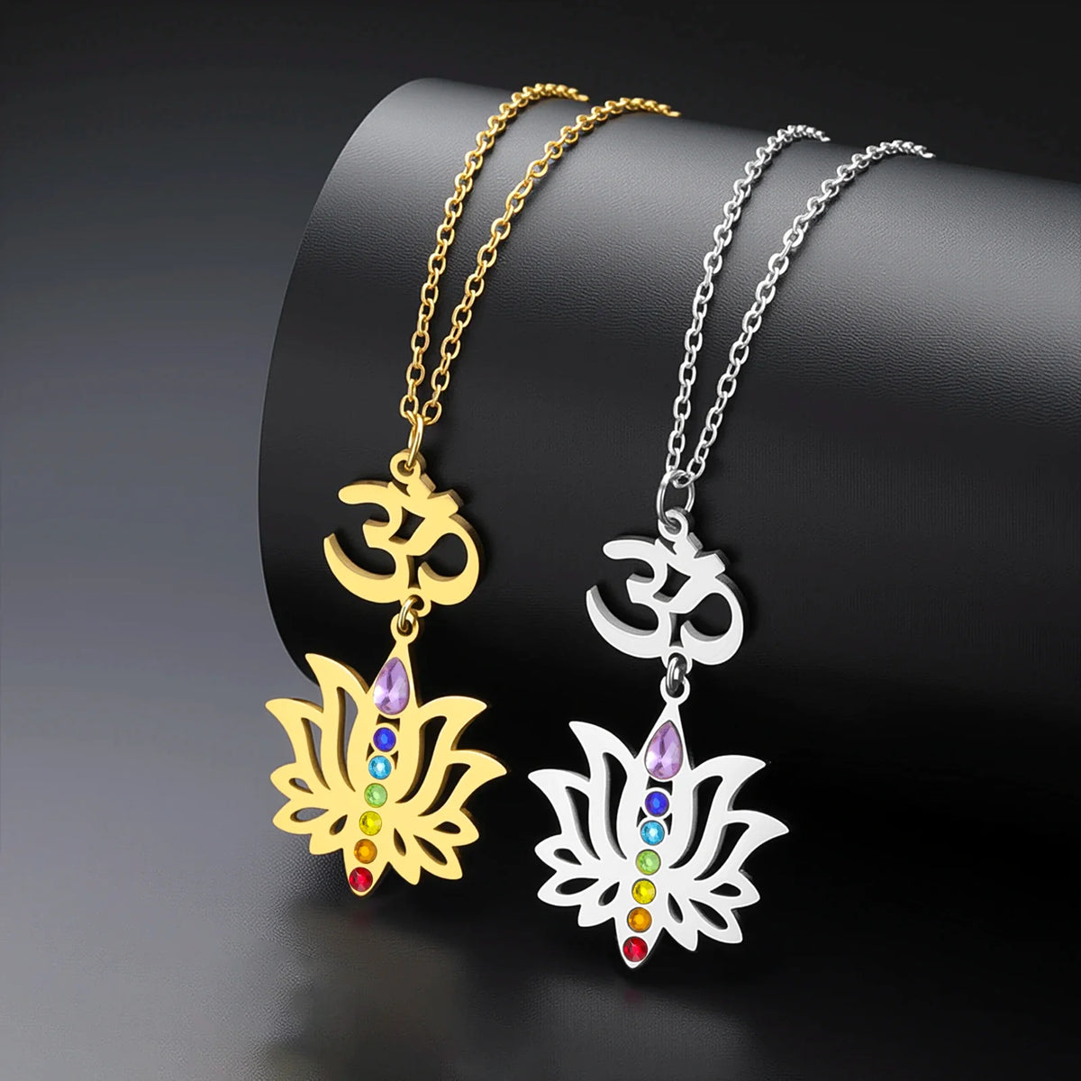Gold Plated 7 Chakra Lotus Flower Necklace with Om Symbol Spiritual Yoga Jewelry Seven Colorful Zircon Lotus Flower Necklace