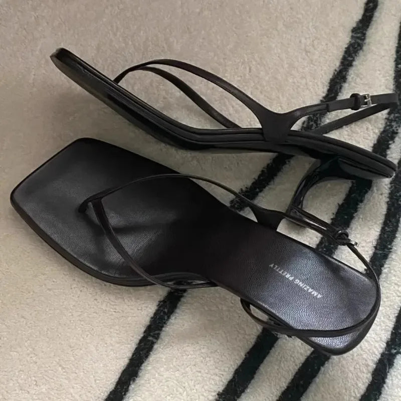 Retro Square Toe Clip Toe Sandals Kitten Heel Back Strap Brown Solid Concise French Style Sexy Fashion Women Shoes Summer Casual