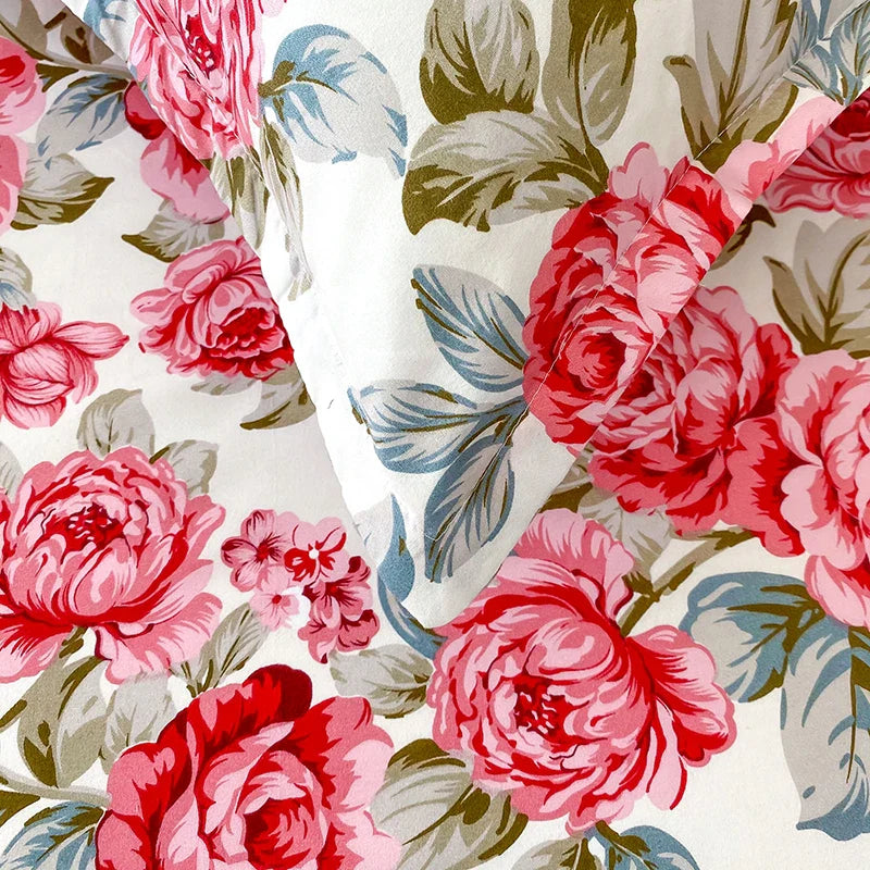 Red Flower Printed Bed Sheet Sets Queen/King Size sabanas cama matrimonial Reactive Printed Fitted Bedsheets for Double Bed